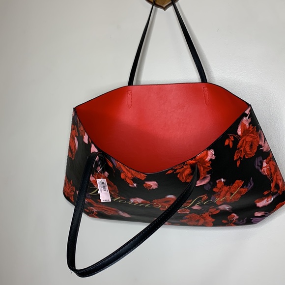 Victoria’s Secret | Large Black Leather Red & Pink Floral Tote Bag  Romantic NWT - Picture 4 of 8